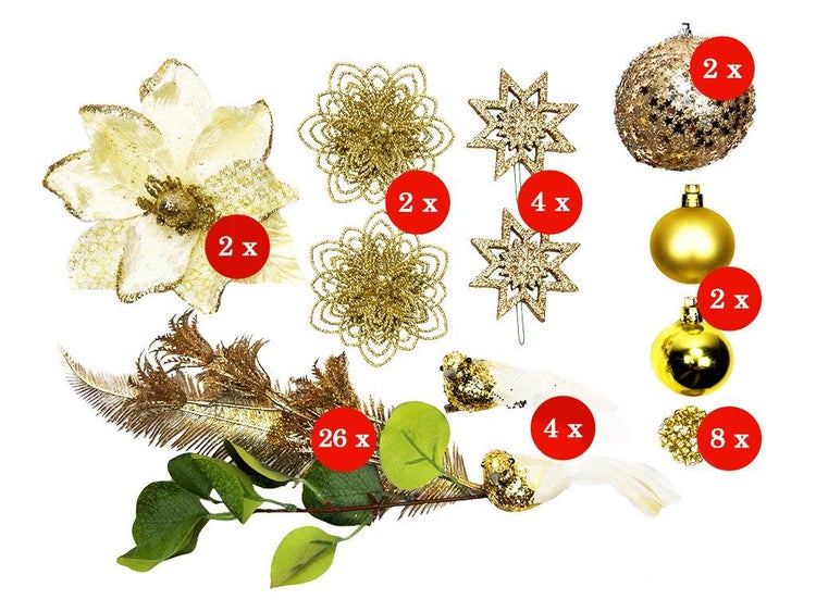 Weihnachtsbaumschmuck Set aus verschiedenen Ornamenten und Dekorationselementen für die festliche Dekoration.