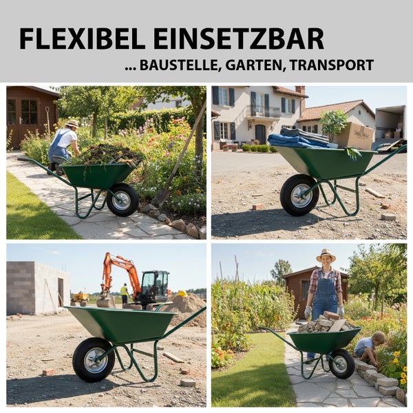 Vier Bilder einer grünen Schubkarre im Einsatz in Garten und auf Baustelle, zeigt Transport von Gartenabfällen, Baumaterial und Umzugskartons.