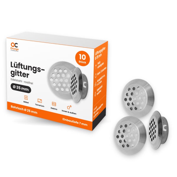 Set mit 10 runden Lüftungsgittern aus rostfreiem Edelstahl mit 35 Millimeter Durchmesser für Möbel und Terrarien.