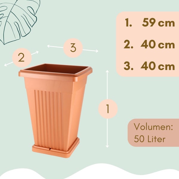 Kunststoff Pflanzgefäß mit den Maßen 59 cm Höhe, 40 cm Breite, 40 cm Tiefe und einem Volumen von 50 Litern.
