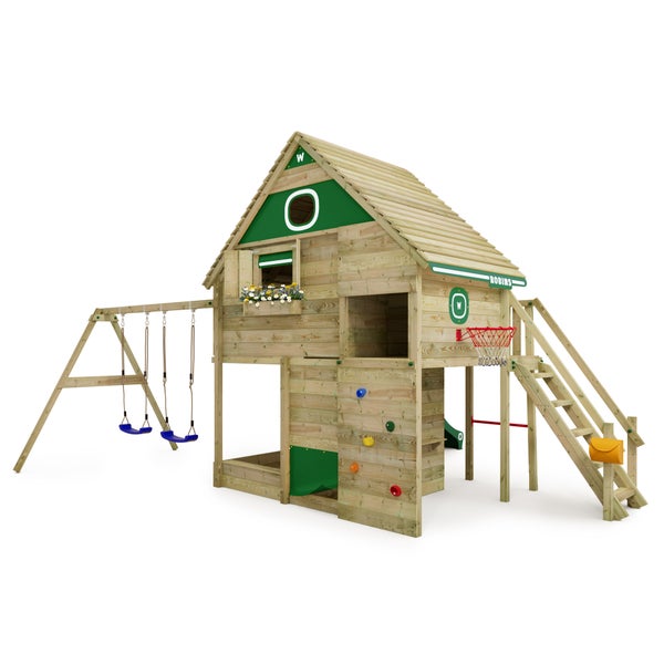 WICKEY Stelzenhaus Smart FamilyHouse mit Schaukel und Rutsche,integriertem Sandkasten und großem Spielhaus mit Geheimgang, massiver Treppe Handlauf, Fenstern, Rollos und Fensterläden -  grün