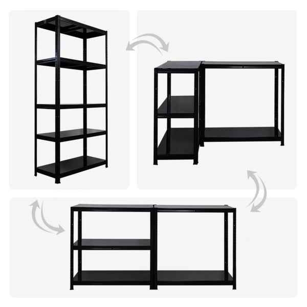 Schwarzes Metallregal mit mehreren Konfigurationsmöglichkeiten