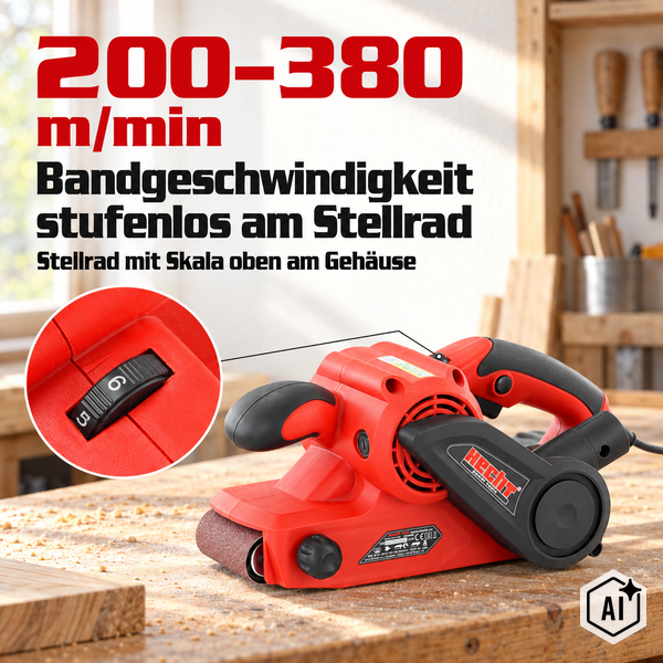 Elektrischer Bandschleifer Hecht mit zusätzlichem Schleifband und Holzstück zum Schleifen.