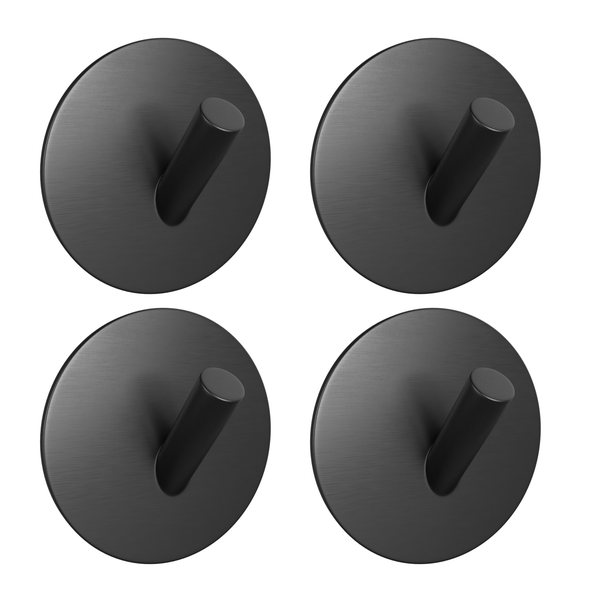 Vierer-Set runde Wandhaken aus Edelstahl in Schwarz matt, geeignet als Handtuchhalter für Badezimmer und Küche.