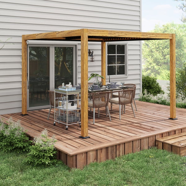 Outsunny Pergola, UV-Schutz, mit Verstellbarem Dach, für Hof, Balkon, 3 x 3 m, Alu, Natur