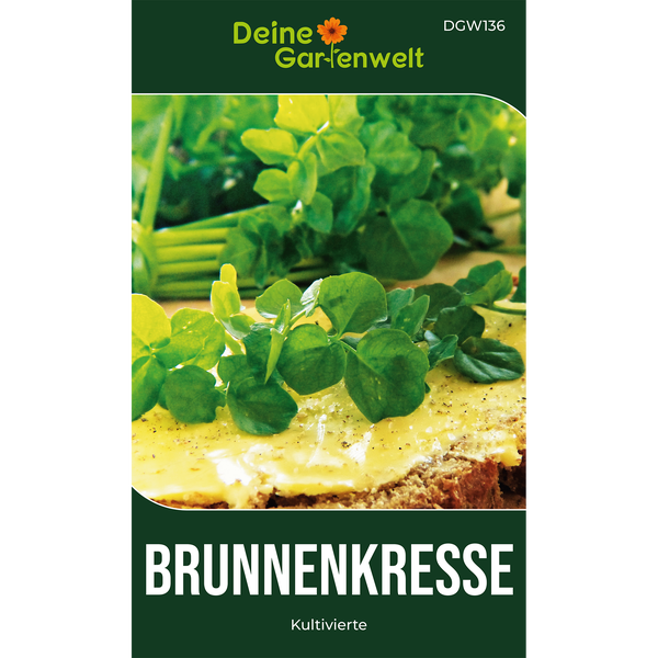 Samenpackung für Brunnenkresse von Deine Gartenwelt mit einer Abbildung von frischer Kresse auf einer Scheibe Brot mit Butter.
