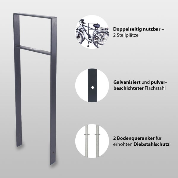 Fahrradparker für zwei Fahrräder aus verzinktem und pulverbeschichtetem Flachstahl mit zwei Bodenankern für erhöhten Diebstahlschutz
