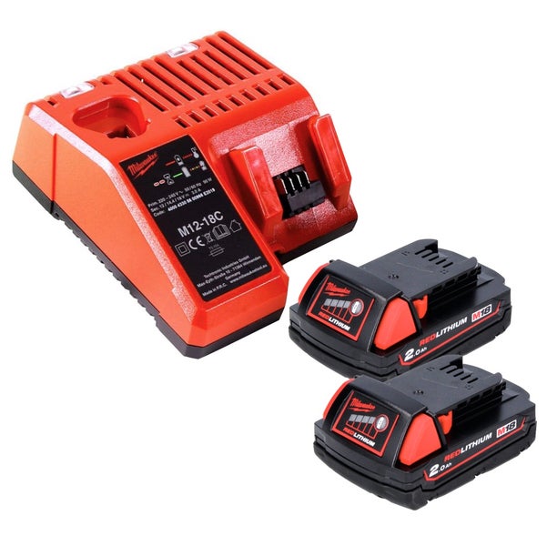 Milwaukee Akku-Ladegerät M12-18C mit zwei M18 Redlithium Akkus mit 2,0 Amperestunden