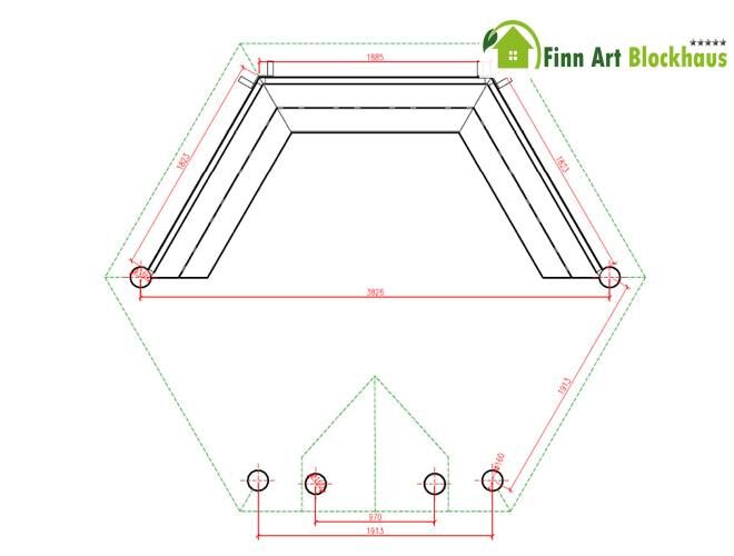 Technische Zeichnung eines Finn Art Blockhauses mit Maßangaben