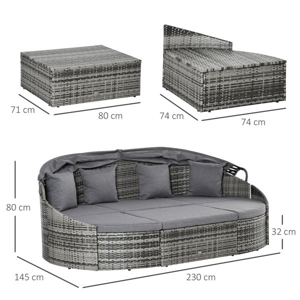 Outsunny 4-teilige Rattan Sonneninsel Sitzgruppe Liegeinsel mit Sonnendach, 4 Kissen für Garten, Balkon Metall Grau 230 x 145 x 80 cm