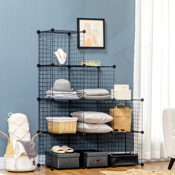 HOMCOM Regalsystem, Steckregal aus Stahldraht, DIY Würfelregal, 9 Fächer, Drahtgitter, Schuhregal, Stufenregal für Wohnzimmer, Kinderzimmer, Schlafzimmer, Schwarz, 35 x 35 x 35 cm je Würfel
