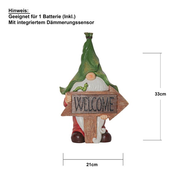 Gartenzwerg mit Willkommensschild und Dämmerungssensor, geeignet für eine Batterie, 33 mal 21 Zentimeter