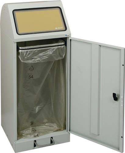 Wertstoffsammler aus Metall mit geöffneter Fronttür, eingehängtem Kunststoffsack und Einwurfklappe oben.