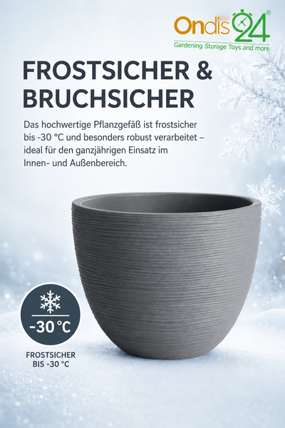 Ondis24 Logo. Grauer, frostsicherer und bruchsicherer runder Pflanzkübel. Geeignet für innen und außen bis minus 30 Grad Celsius.