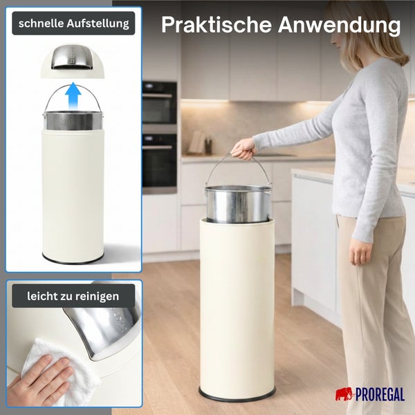 Beige-farbener Push-Mülleimer mit herausnehmbarem Metalleimer in einer modernen Küche. Ansichten zur Reinigung und Montage. PROREGAL Logo.