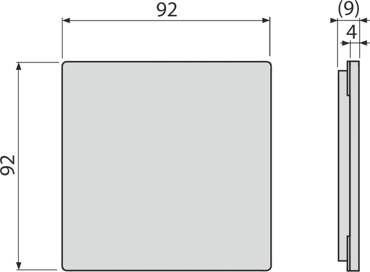 Maßzeichnung eines quadratischen Produkts mit Abmessungen von 92 mal 92 Millimeter, einer Stärke von 4 Millimeter und Gesamttiefe von 9 Millimeter.