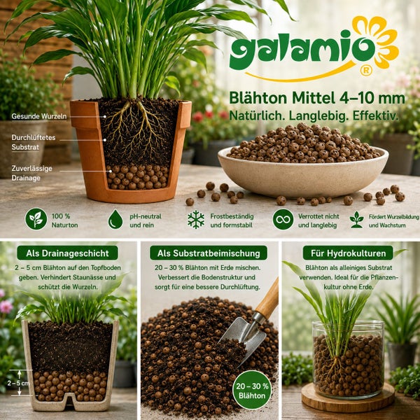 Galamio Blähton zur Verwendung als Drainage, Substratmischung oder für Hydrokulturen mit einer Körnung von 4 bis 10 Millimetern.