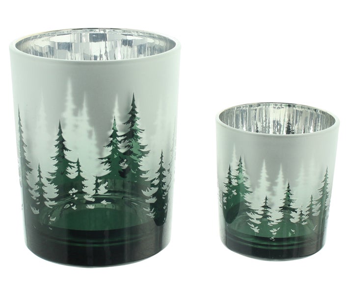 Zwei Teelichthalter aus Glas mit Waldmotiv