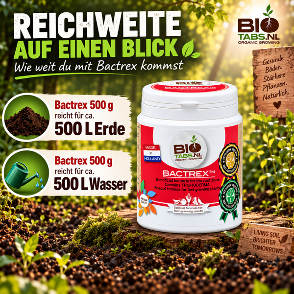 BioTabs Bactrex Bodenhilfsstoff 500 Gramm Dose für Erde und Wasser Anwendung mit Produktinformationen zur Reichweite auf einem Holzstumpf.