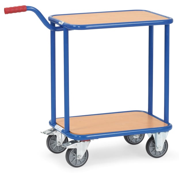 Etagenwagen mit zwei Holzwerkstoffplatten und blauem Stahlrohrgestell, ausgestattet mit vier Rollen und einem Schiebegriff.