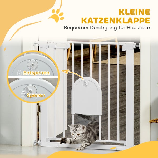 Weißes Türschutzgitter aus Metall mit integrierter kleiner Katzenklappe und einem Kätzchen. Detailansicht zeigt die Verriegelung.