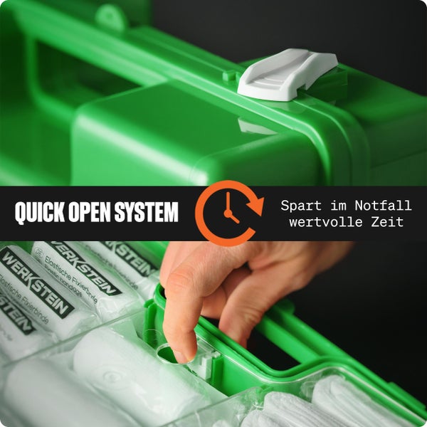 Erste-Hilfe-Koffer mit Quick Open System für schnelles Öffnen im Notfall und Zugriff auf Verbandsmaterial.