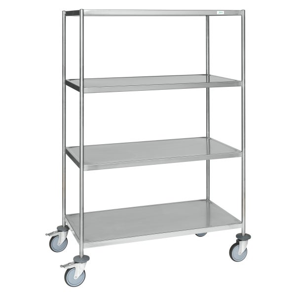 Edelstahl Transportwagen mit drei Ablageflächen und Rollen