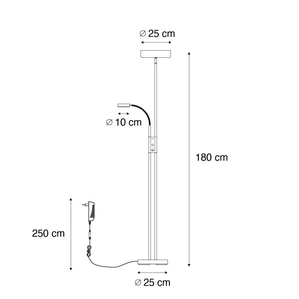 Technische Zeichnung einer Stehlampe mit Lesearm und den Massangaben: Höhe 180 cm, Lampenschirmdurchmesser 25 cm, Leselampendurchmesser 10 cm, Kabellänge 250 cm.