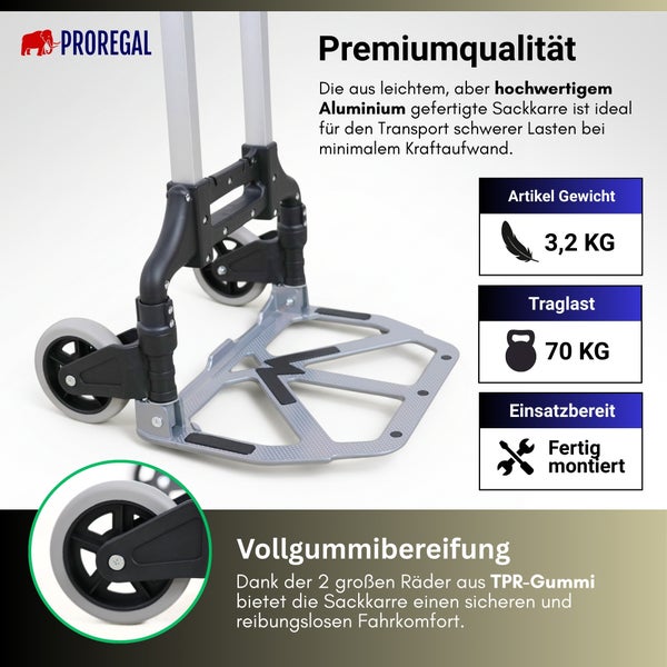 ProRegal Logo, klappbare Sackkarre aus Aluminium, 70 Kilogramm Traglast, 3,2 Kilogramm Eigengewicht, Vollgummibereifung, fertig montiert.