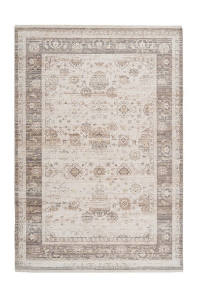 Rechteckiger Teppich mit orientalischem Muster und Vintage-Effekt in Beige und Braun.
