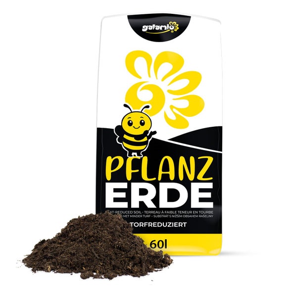 Galamio Pflanzerde torfreduziert 60 Liter Sack mit einer kleinen Menge loser Erde davor.