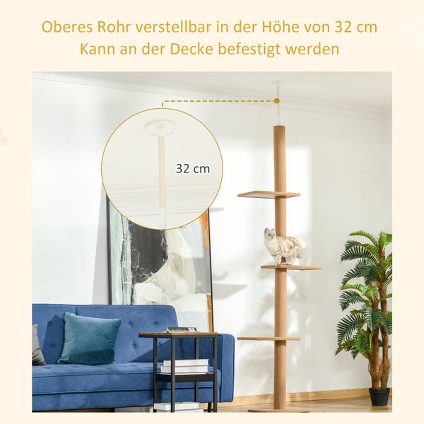 PawHut Kratzbaum Deckenhoch, 228-260 cm Höhenverstellbarer Katzenbaum Kletterbaum für Katzen mit 3 Ebenen, Katzenkratzbaum, Spielbaum vom Boden bis zur Decke Hellbraun