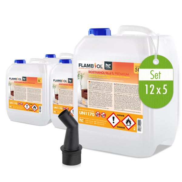Set mit zwölf Kanistern Bioethanol 96,6 Prozent Premium, je fünf Liter, mit Einfüllstutzen