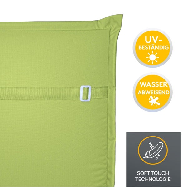 Detailansicht einer Polsterauflage mit Halteband und Symbole für UV-Beständigkeit, wasserabweisende Eigenschaften und Soft-Touch-Technologie.