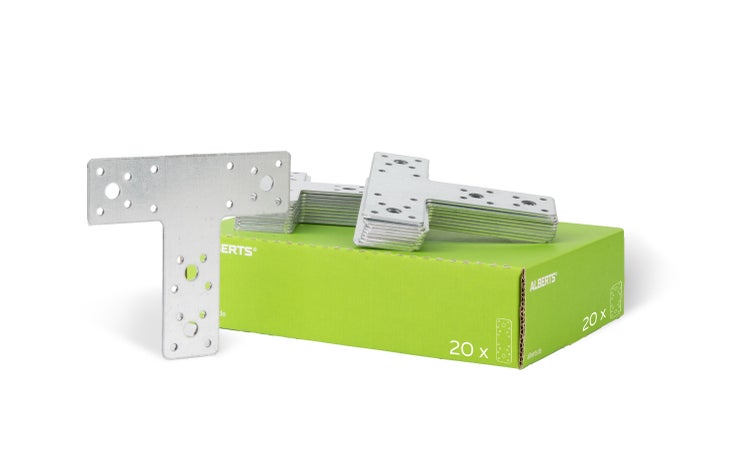 Set von zwanzig verzinkten T-Verbindern aus Stahl von Alberts inklusive Aufbewahrungsbox.