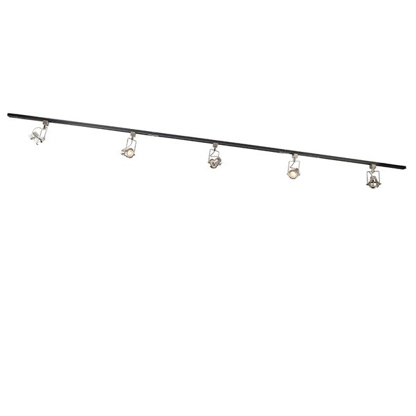 Schienensystem mit fünf verstellbaren Strahlern in Schwarz und Metall.