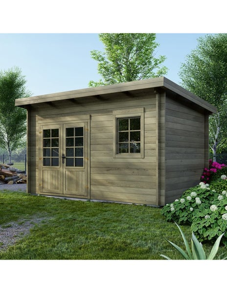 Gartenhaus aus Holz mit Pultdach, Doppeltür mit Sprossenfenstern und einem Einzelfenster in einem gepflegten Garten.