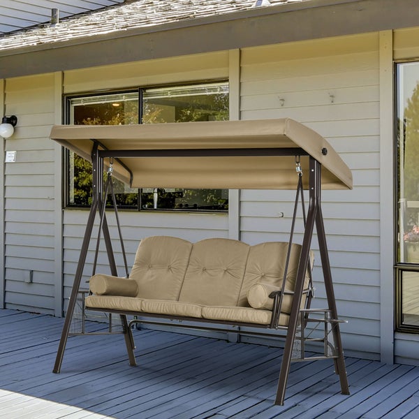 Outsunny Hollywoodschaukel, 3-Sitzer Gartenschaukel mit Sonnendach Kissen, 116 x 206 x 183 cm, Metall, Polyester, Khaki