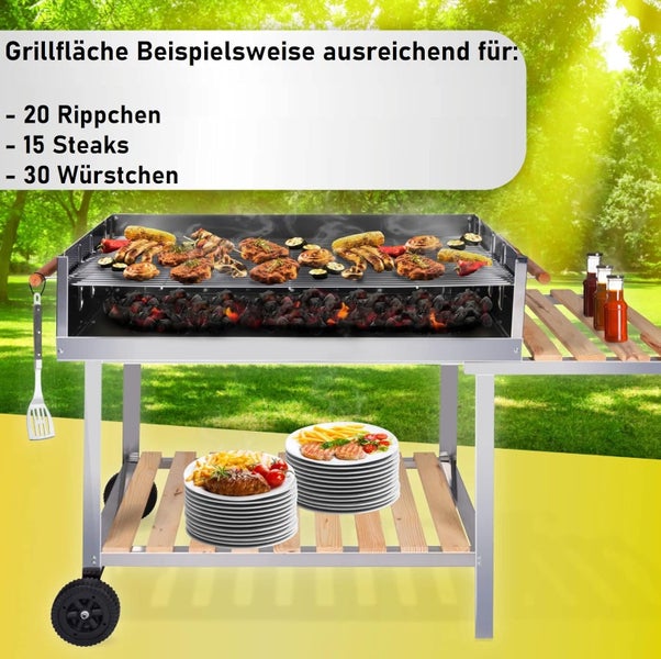 RESCH 502599 Edelstahl Grillwagen – 145 x 90 x 60 cm, Holzkohle-Grill für 10 Personen, Großer fahrbarer Standgrill für Garten, Balkon, Terrasse & Camping