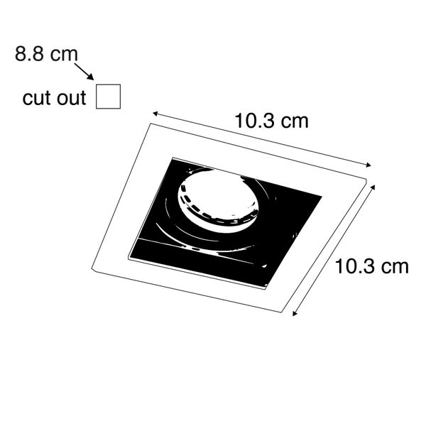 Technische Zeichnung eines quadratischen Einbaustrahlers mit Maßen von 10.3 mal 10.3 Zentimetern und einem Ausschnitt von 8.8 Zentimetern.