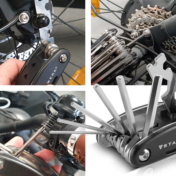 Fahrrad-Multitool bei Reparaturen an Schaltung, Lenker und Bremsen sowie eine Detailansicht der ausgeklappten Inbusschlüssel und Werkzeuge.