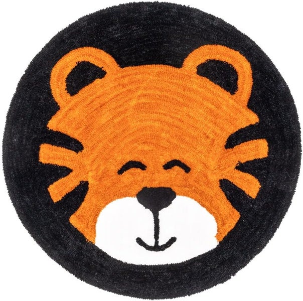 JUNG 4Living Teppich Kinderzimmer Tiger Ø 100cm rund, moderner Kinderteppich Schlafzimmer, Flor, Pflegeleicht, Waschbar, Mädchen