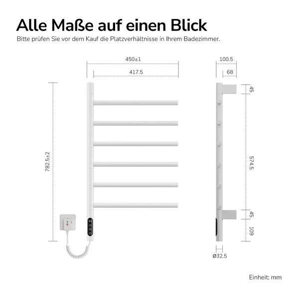 Maßzeichnung eines elektrischen Handtuchheizkörpers mit Front- und Seitenansicht inklusive Höhen-, Breiten- und Tiefenangaben in Millimeter.