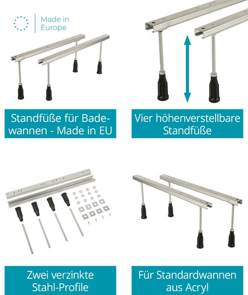 Set mit vier höhenverstellbaren Badewannenfüßen inklusive zwei verzinkten Stahlprofilen für Standardbadewannen aus Acryl.