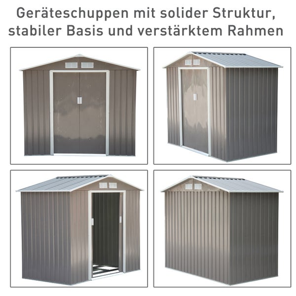 Outsunny Gerätehaus, Gartenhaus mit Bodenrahmen und Schiebetüren, wetterfest, 213 x 130 x 185 cm, Stahl, Grau