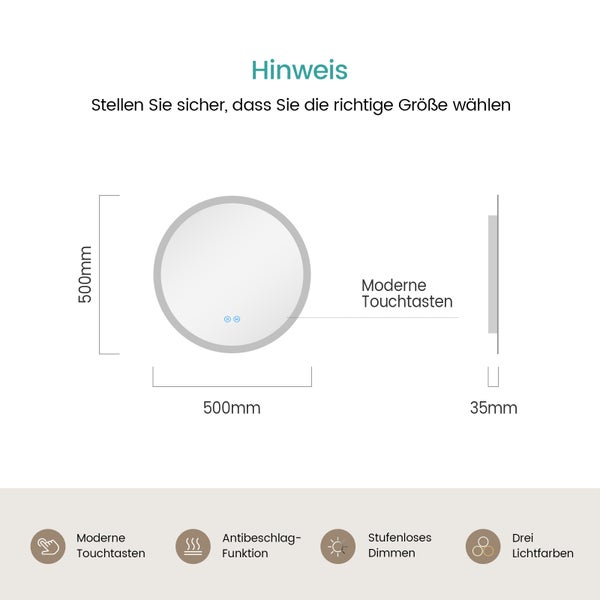 EMKE Badspiegel mit Beleuchtung Ø50 cm, rund, LED Wandspiegel, Touch-Schalter, dimmbar, Anti-Beschlag, 4 mm Glas, Memory, satiniert, rostfrei, für Badezimmer