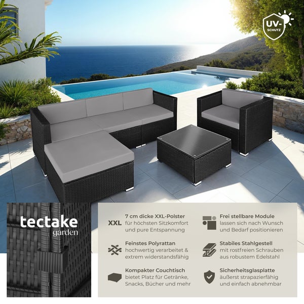 Rattan Lounge tectake Milano mit Sicherheitsglasplatte für 4 bis 5 Personen schwarz/grau