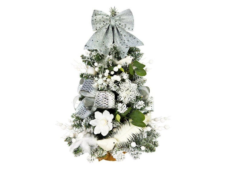Künstlicher Weihnachtsbaum mit Dekoration inklusive Schleife, Blumen und künstlichen Vögeln, geschmückter Tannenbaum für die Weihnachtsdekoration