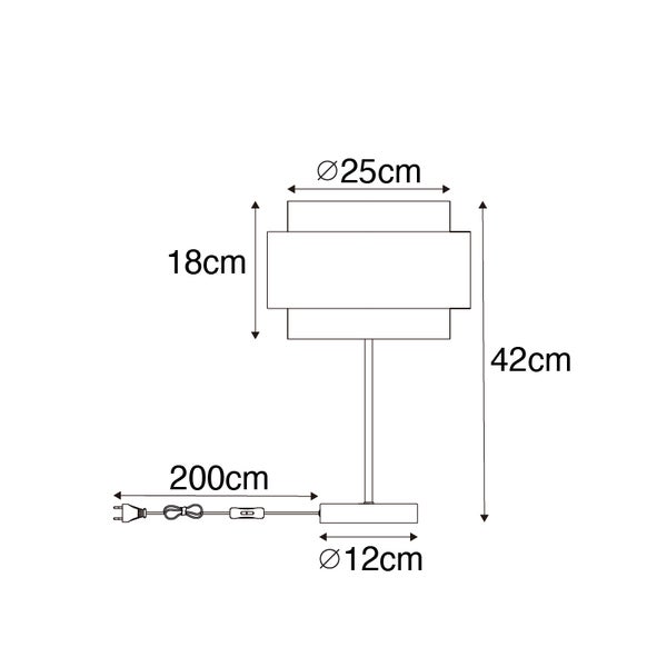 Maßzeichnung Tischleuchte: Gesamthöhe 42 Zentimeter, Schirmdurchmesser 25 Zentimeter, Fußdurchmesser 12 Zentimeter, Kabellänge 200 Zentimeter.