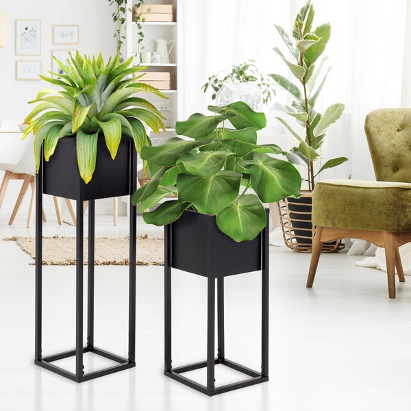 ML-Design Blumenständer im 6er Set, Schwarz, 21 x 50/70 x 21 cm, Moderne Blumentopfständer mit Übertopf, Wetterfeste und robuste Pflanzenständer aus Metall, Blumentopfhalter 2-tlg, Pflanztopf Deko